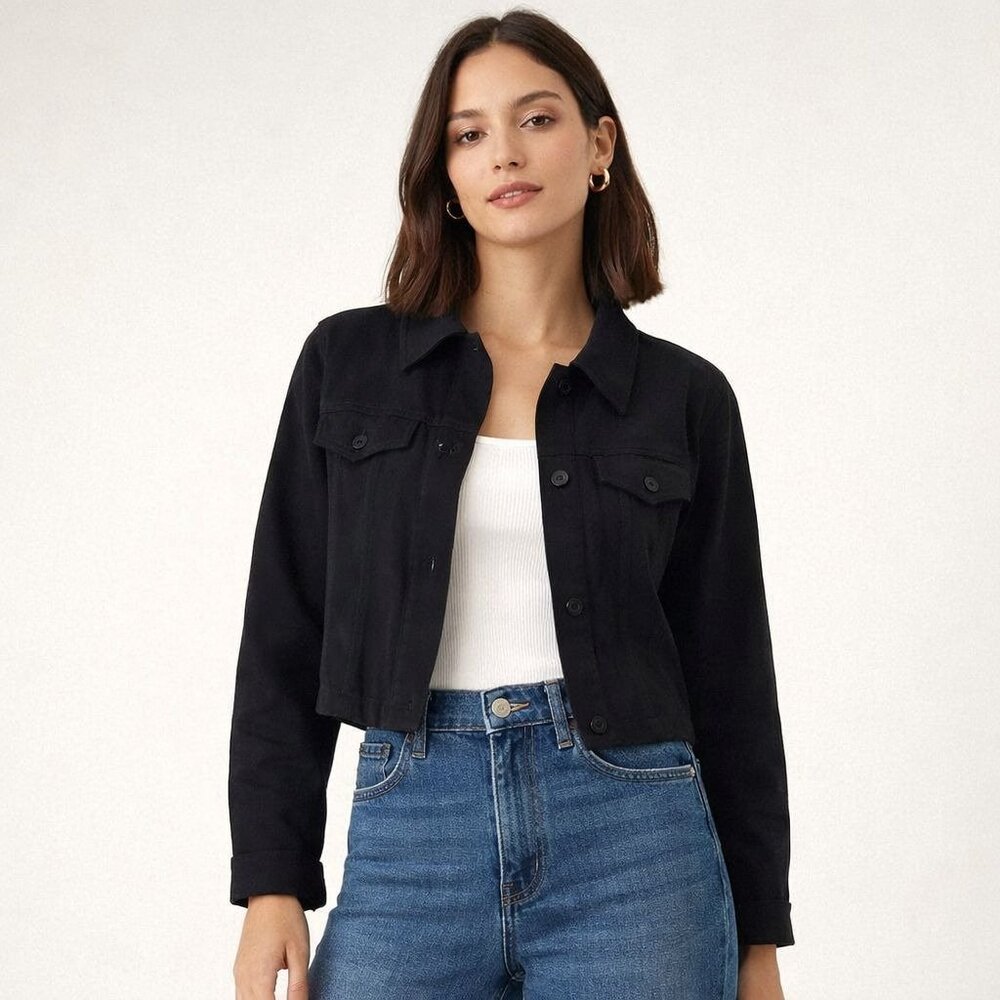 Kathy Ireland Womens Medium Black Stretch Button Up Cropped Jacket Minimalist Cl